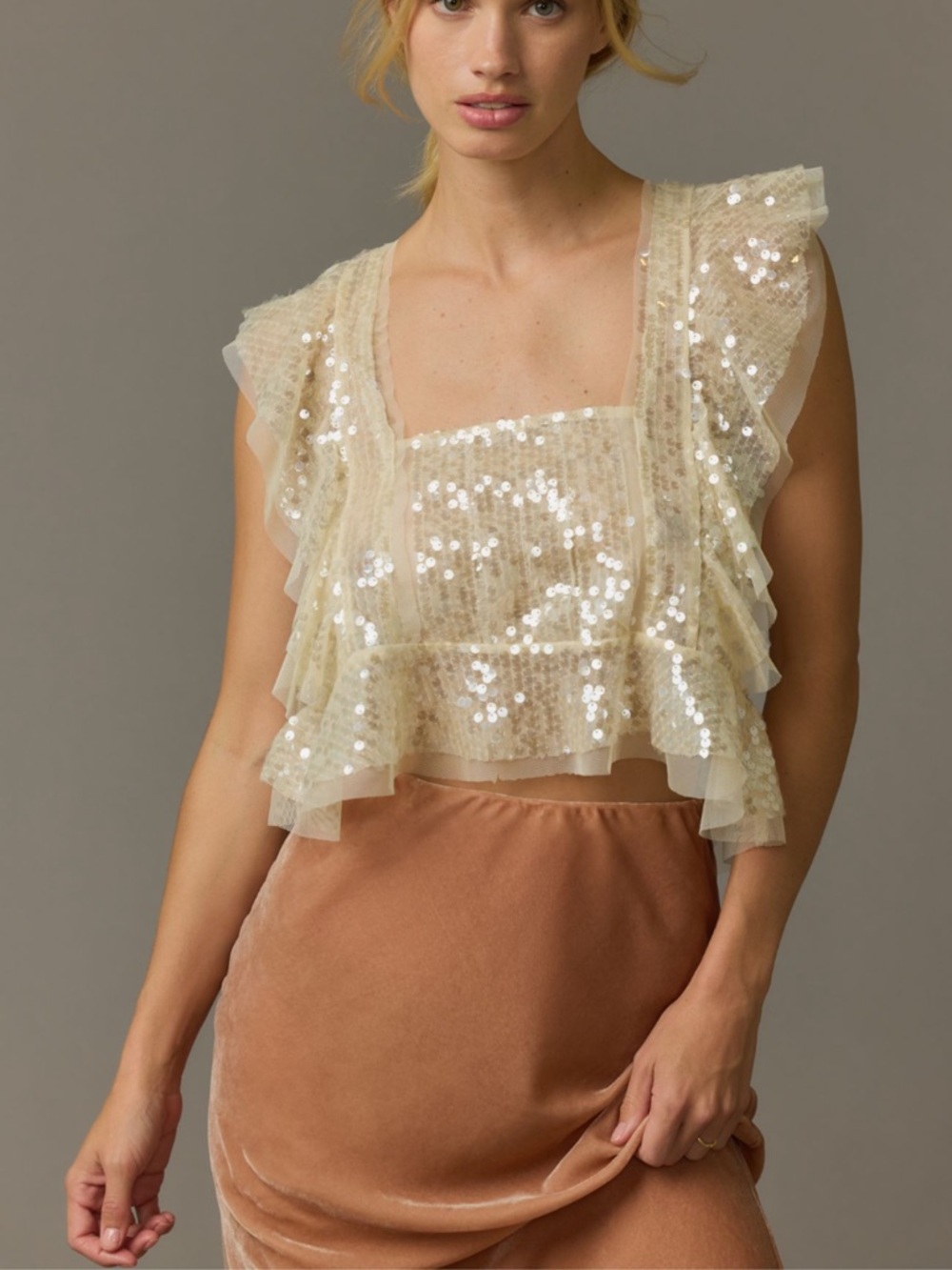 Anthropologie By Anthropologie Y2K Cream Sequin Ruffled Tank